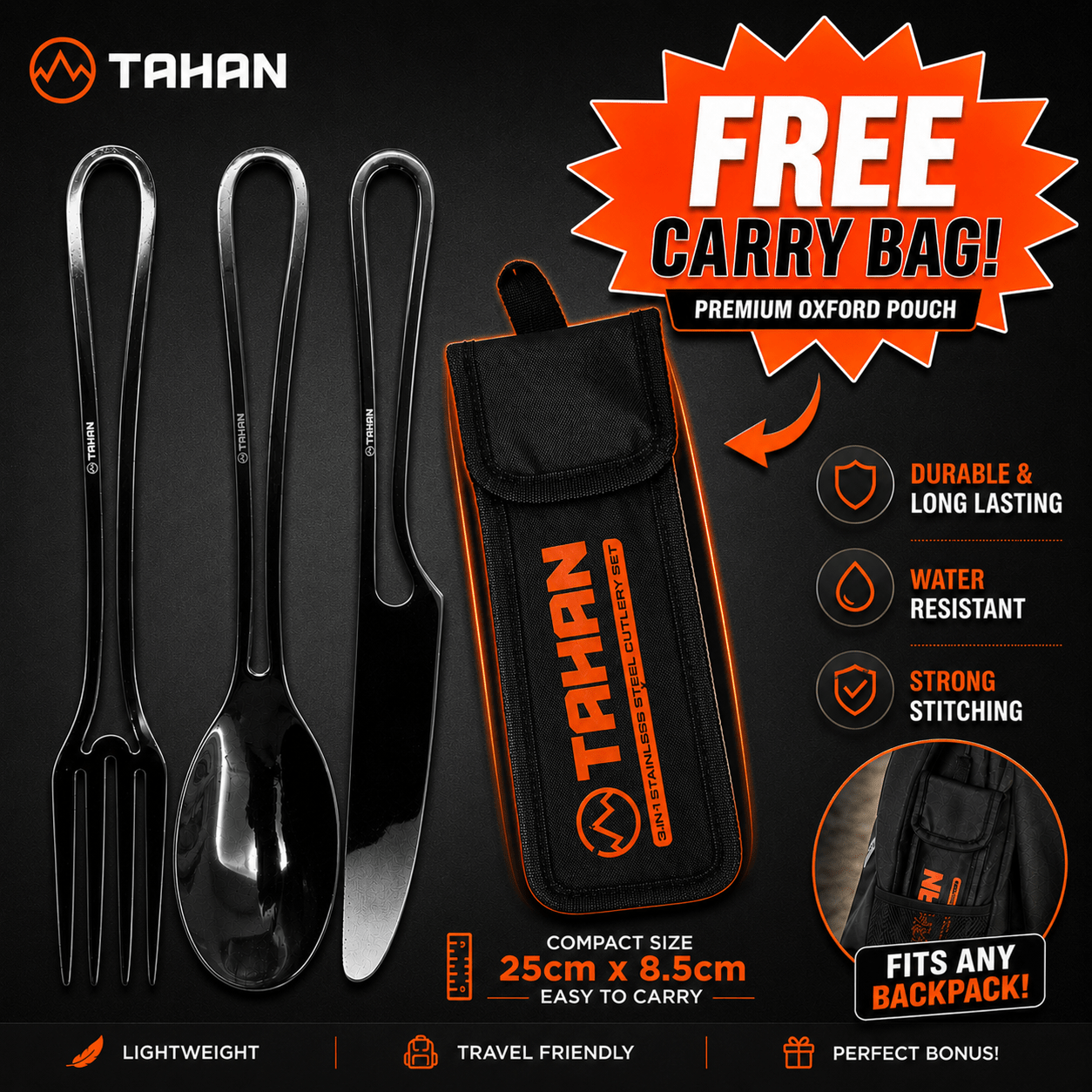 TAHAN 3 - in - 1 Camping Cutlery Set - TAHAN Outdoor - CUTTH031SS