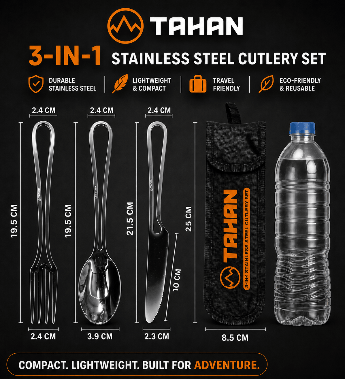 TAHAN 3 - in - 1 Camping Cutlery Set - TAHAN Outdoor - CUTTH031SS