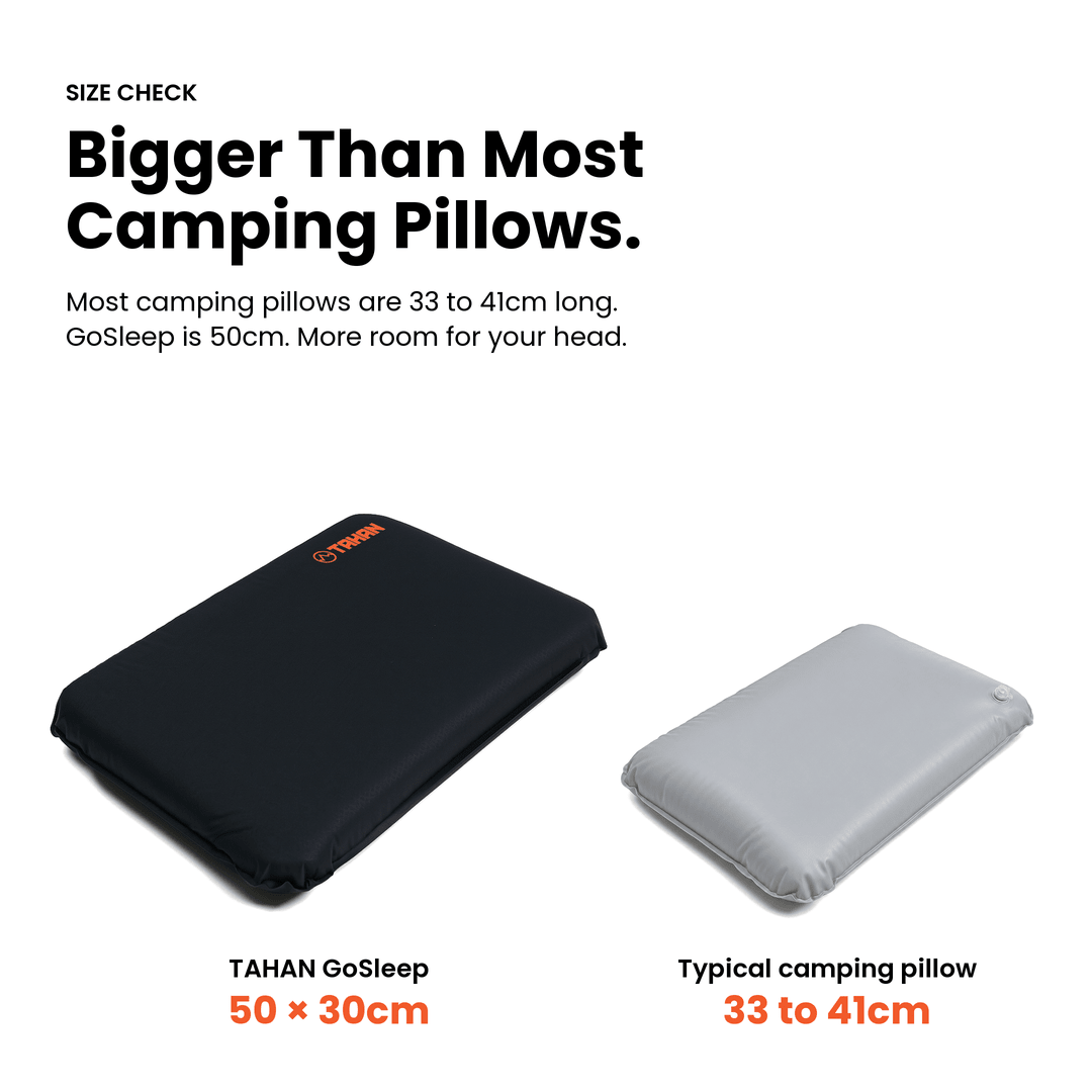 Size comparison: TAHAN GoSleep pillow at 50 x 30cm next to a typical 33 to 41cm camping pillow