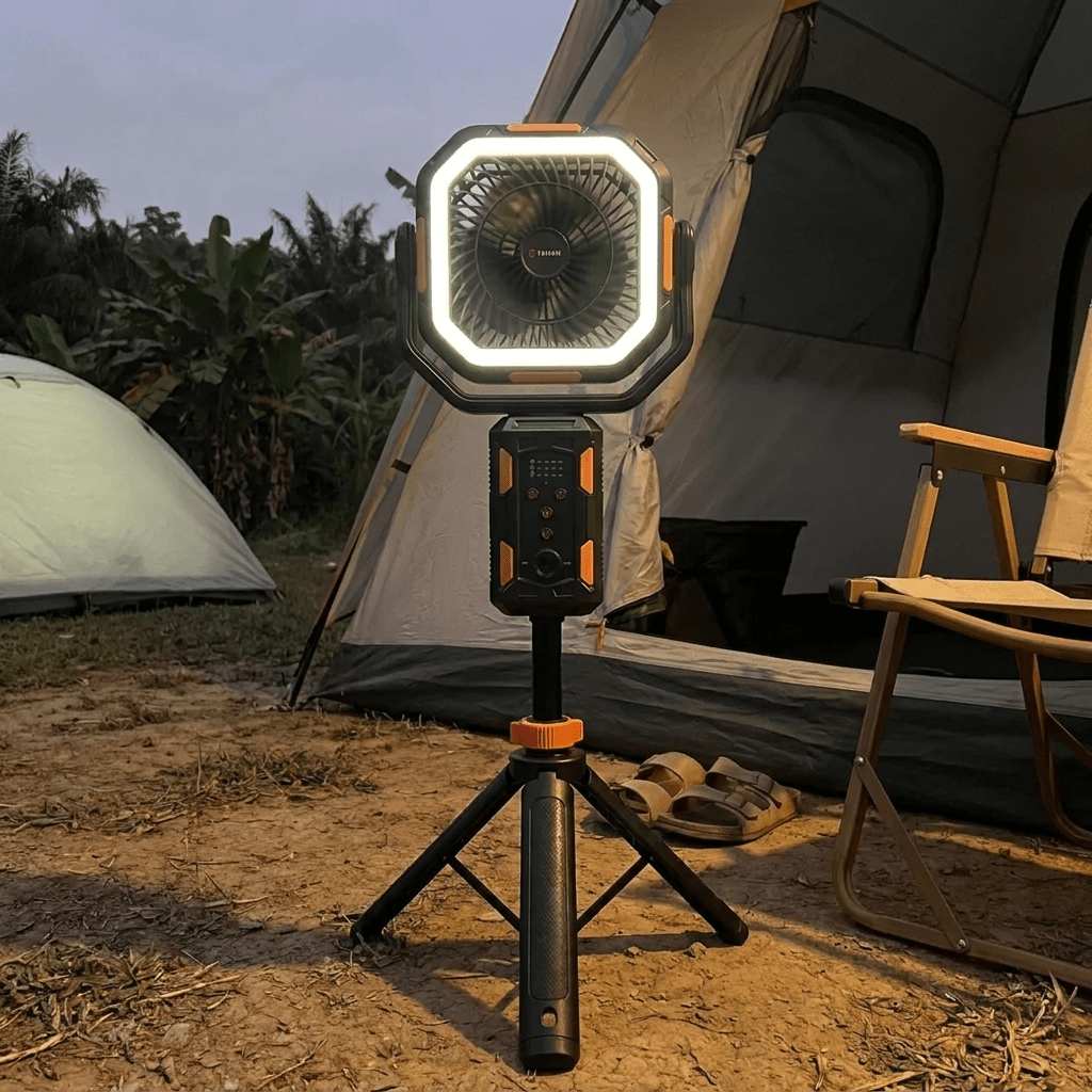 TAHAN Typhoon Pro fan and light glowing at a campsite at dusk in front of a tent