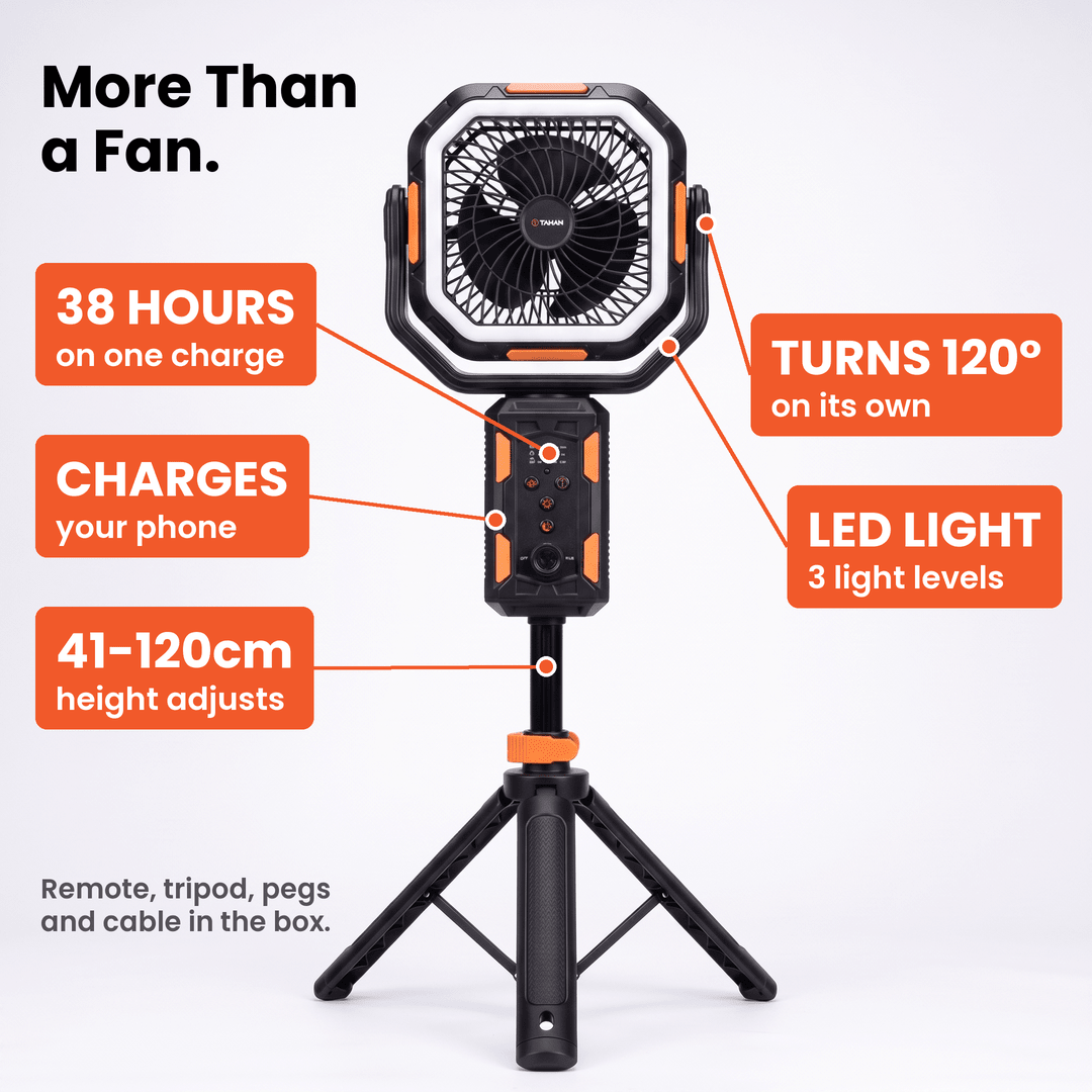 TAHAN Typhoon Pro camping fan: 38 hours per charge, turns 120°, LED light, charges your phone, 41 to 120cm