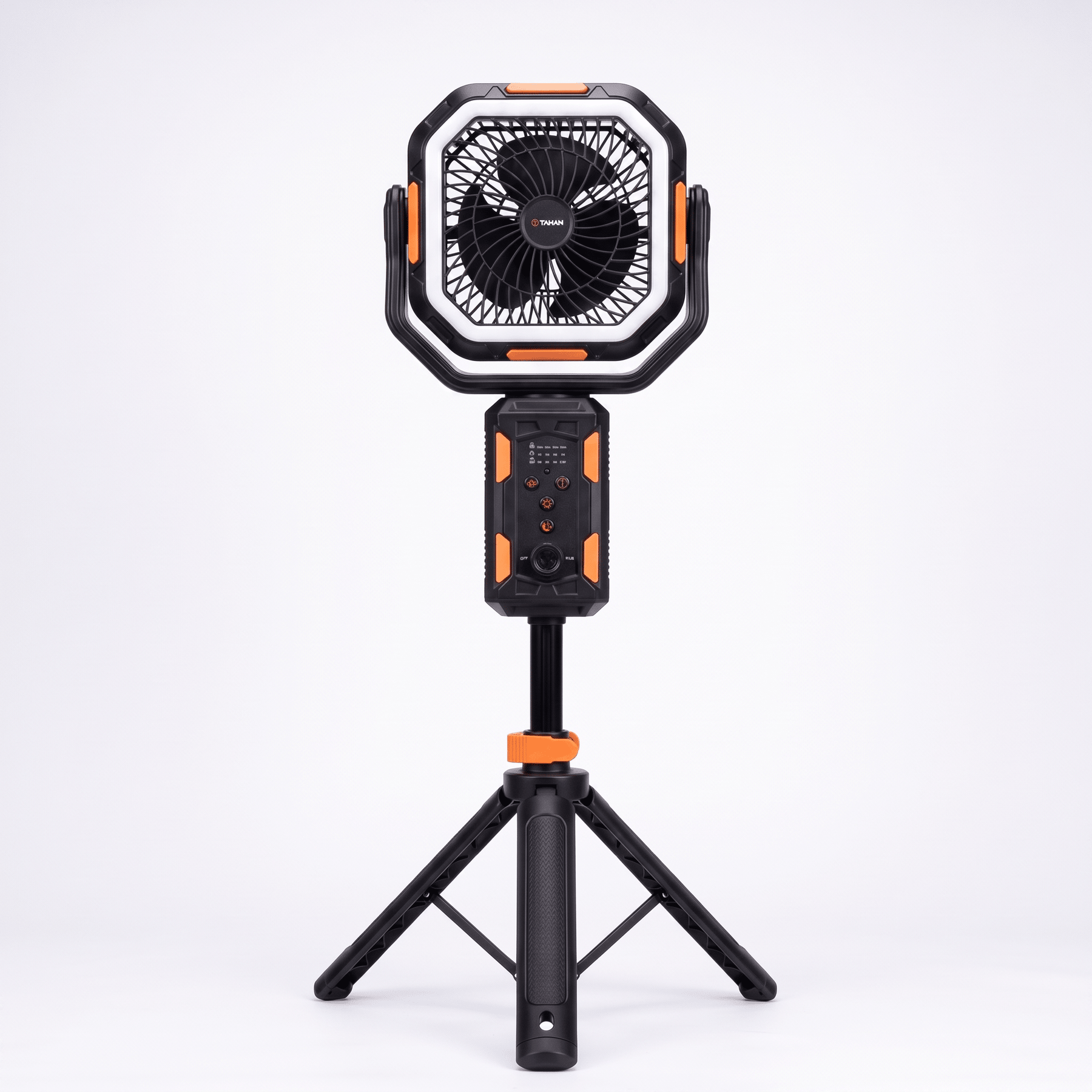 TAHAN Typhoon Pro camping fan with LED light ring mounted on its tripod stand, front view