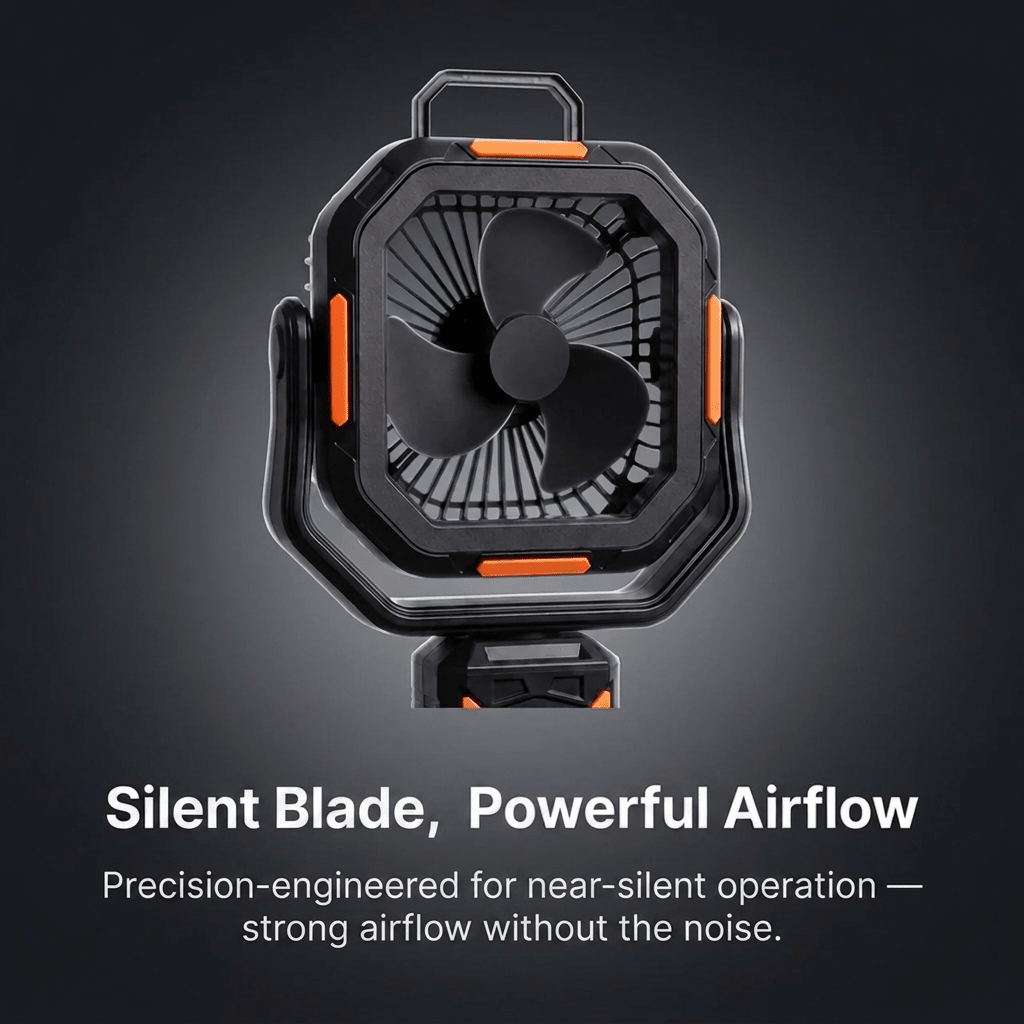 Close-up of the TAHAN Typhoon Pro silent blade — strong airflow with near-silent operation