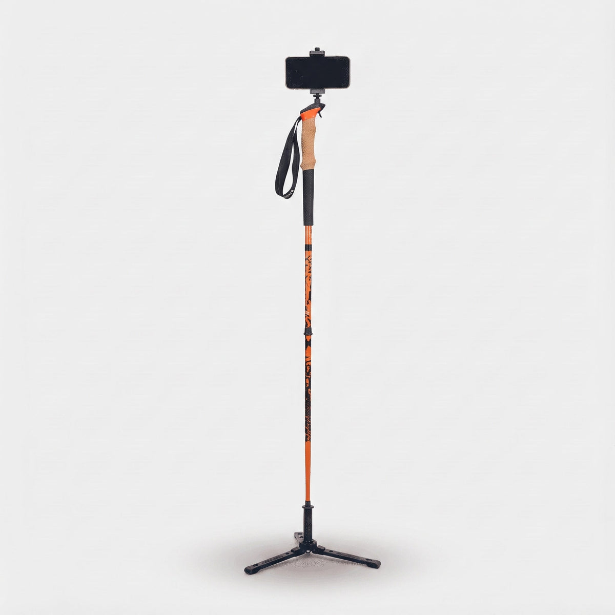 TAHAN 3-Section Foldable Freestand Hiking TriStick standing on its tripod foot with the phone mount fitted