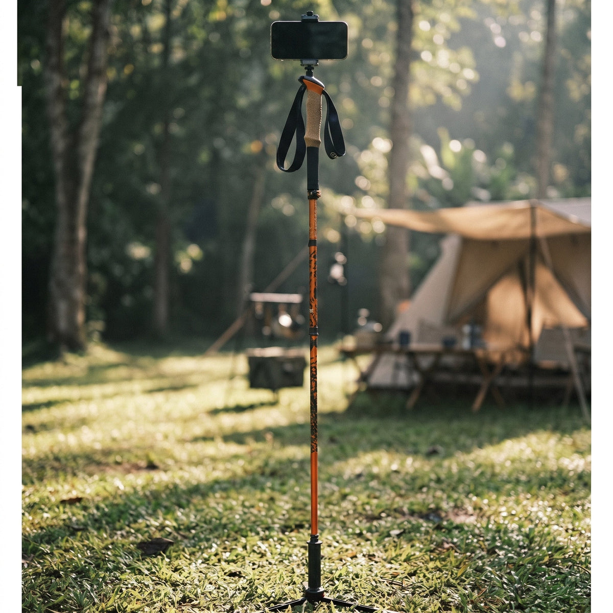 TAHAN 3-Section Foldable Freestand Hiking TriStick standing at a campsite as a phone tripod