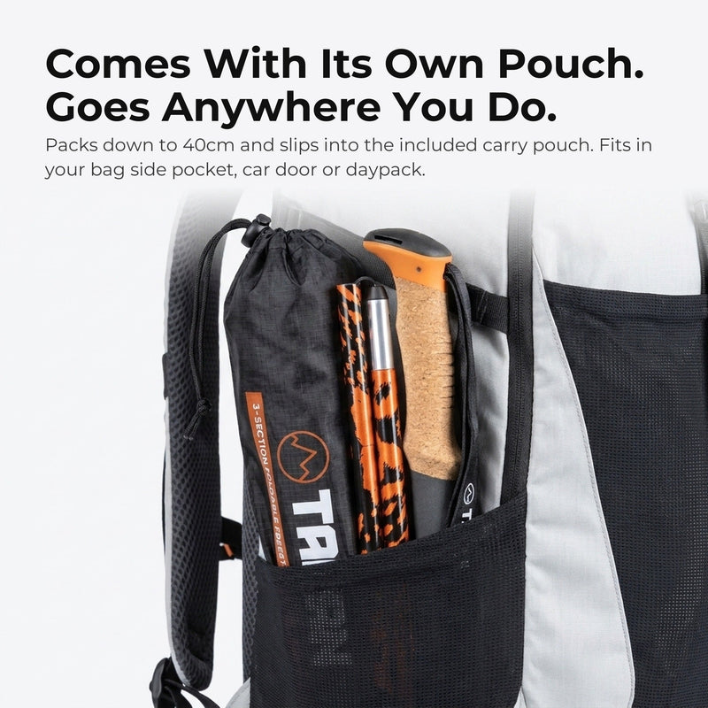 TAHAN 3-Section Foldable Freestand Hiking TriStick packed in its carry pouch in a backpack side pocket, packs down to 40cm