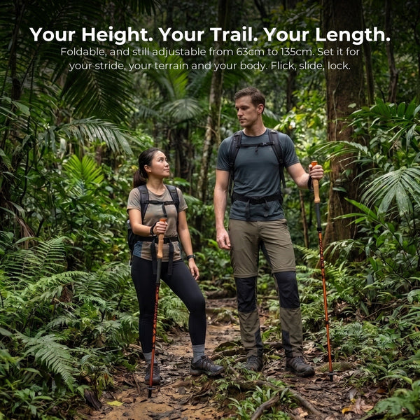 TAHAN 3-Section Foldable Freestand Hiking TriStick, foldable and still adjustable from 63 to 135cm, two hikers of different heights