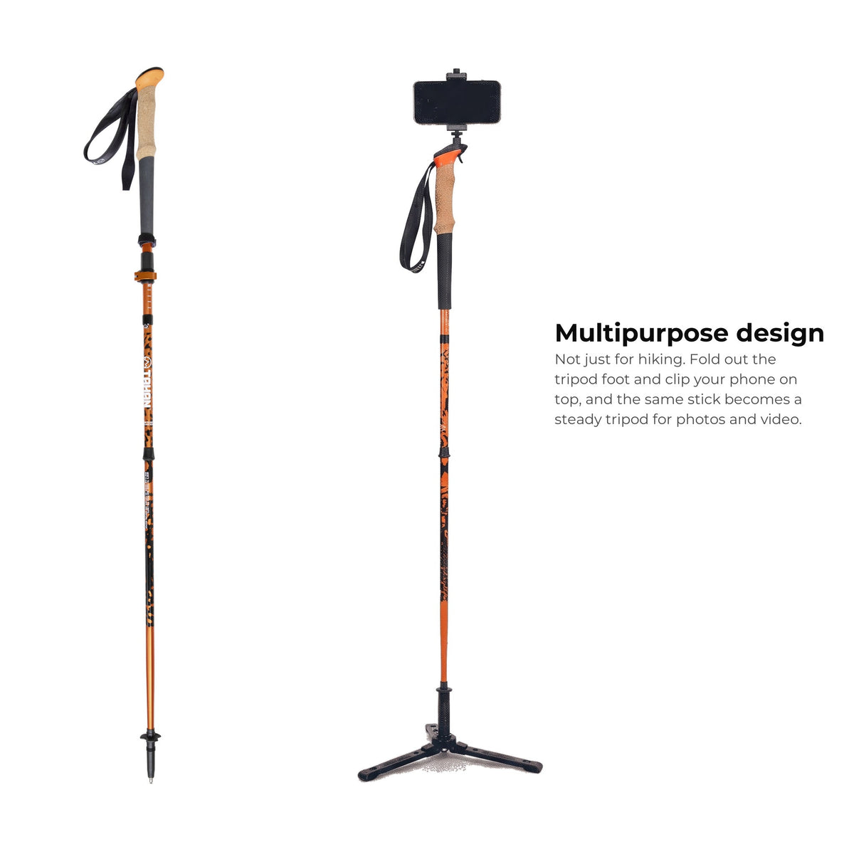 TAHAN 3-Section Foldable Freestand Hiking TriStick as a hiking stick and as a phone tripod