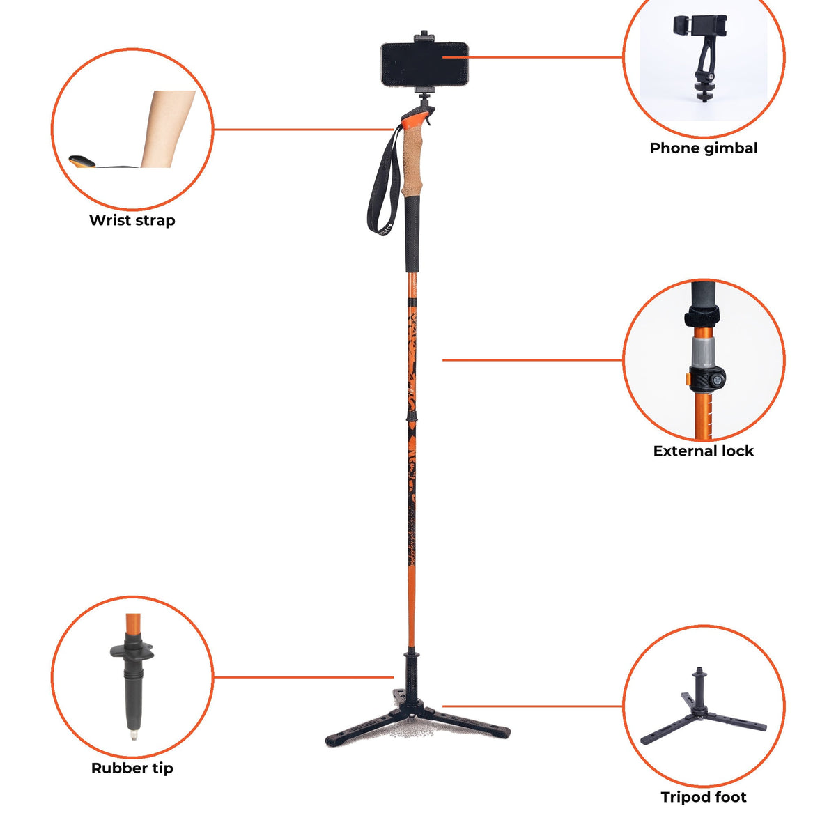 TAHAN 3-Section Foldable Freestand Hiking TriStick parts: wrist strap, phone gimbal, external lock, rubber tip, tripod foot