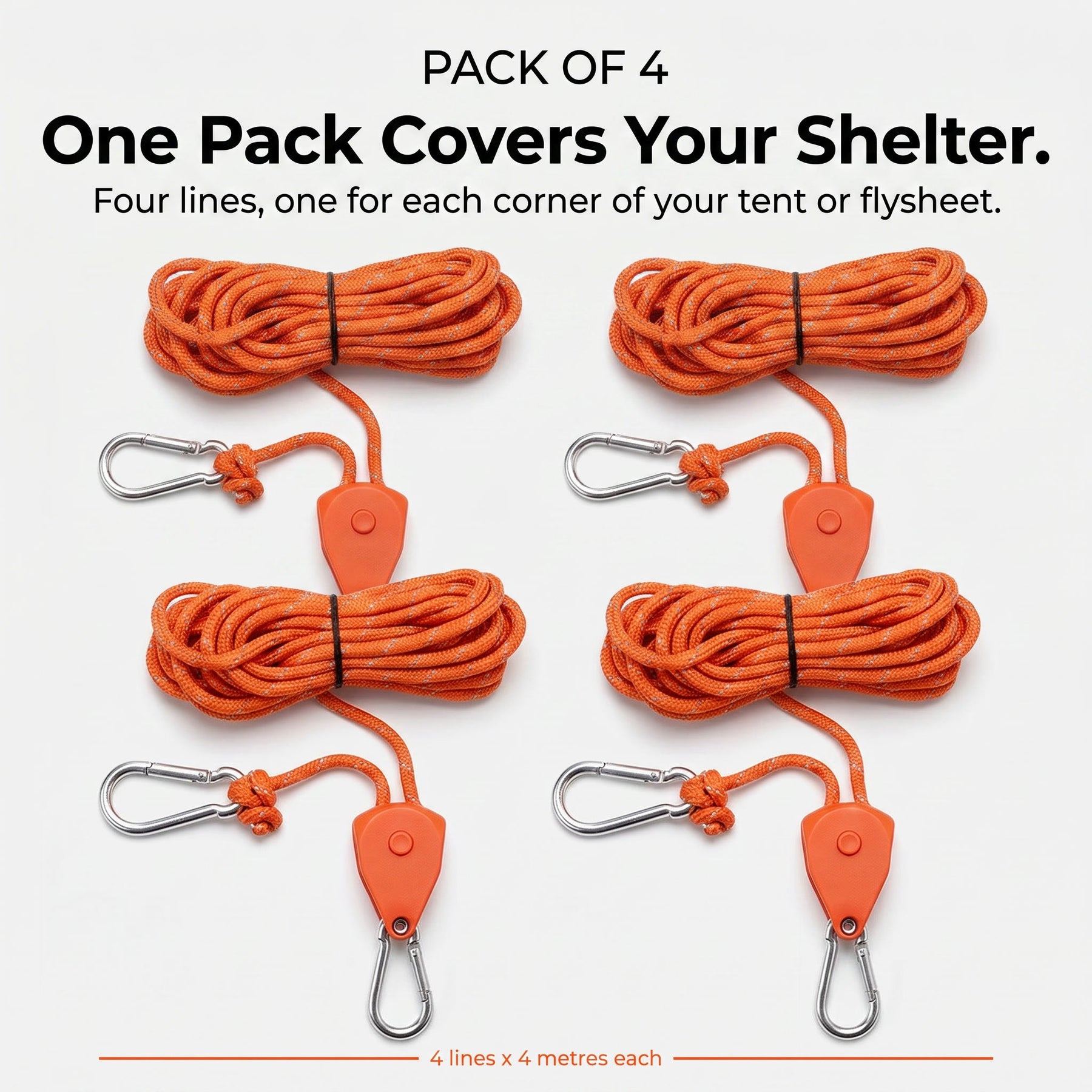 4M Pulley Adjuster Reflective Guyline [Pack of 4] - TAHAN Outdoor - RTCLK4PCSOR