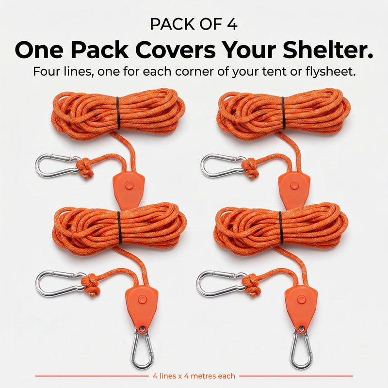 4M Pulley Adjuster Reflective Guyline [Pack of 4] - TAHAN Outdoor - RTCLK4PCSOR
