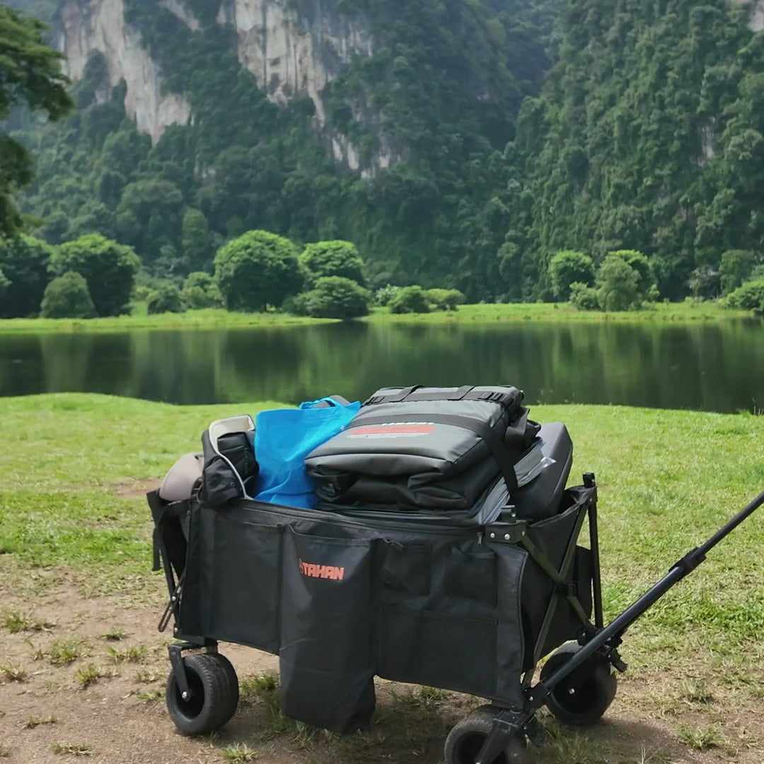 TAHAN AllTerrain XL Wagon demo: carries 100kg, off-road tires, folds flat, tabletop, strong enough to stand in