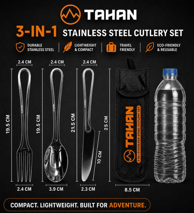 TAHAN 3 - in - 1 Camping Cutlery Set - TAHAN Outdoor - CUTTH031SS