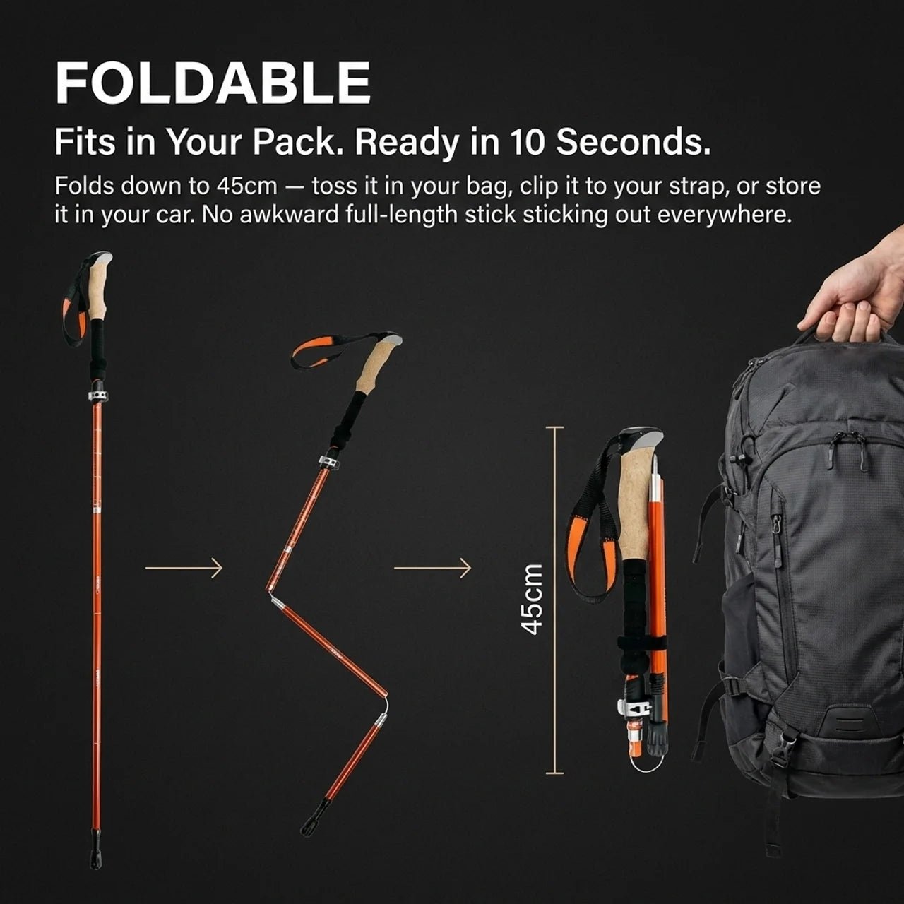 TAHAN 3 - Section Foldable Hiking Stick V2 - 130cm - TAHAN Outdoor - STITH130OR
