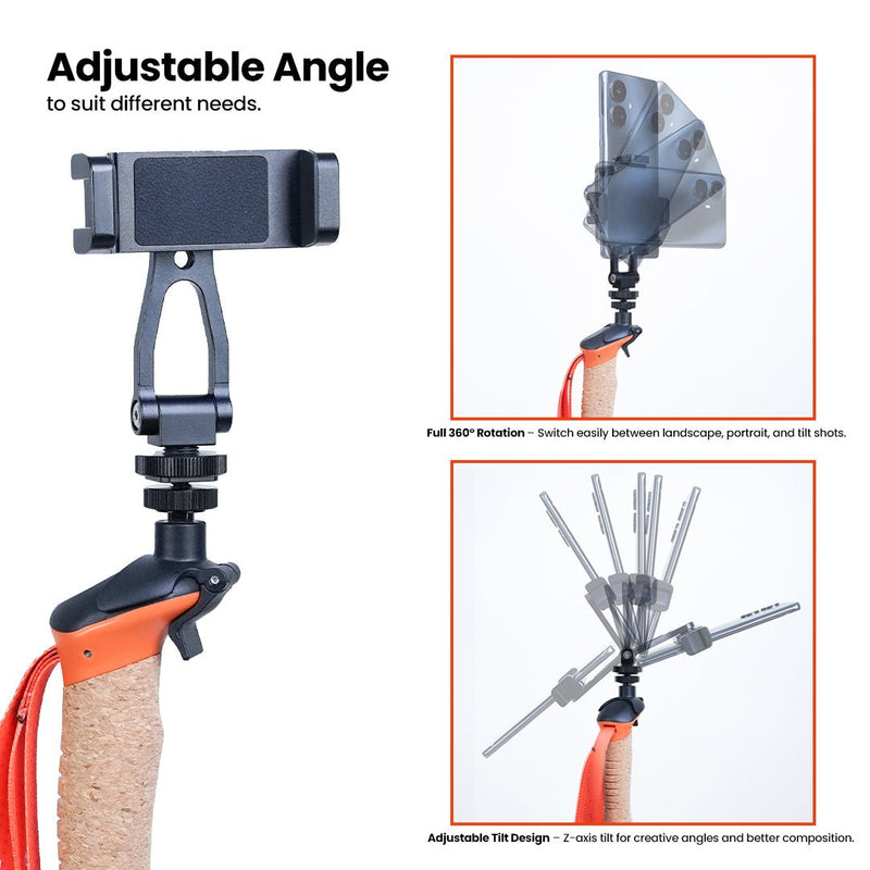 TAHAN 3-Section Foldable Freestand Hiking TriStick phone mount: adjustable angle, full 360 degree rotation and tilt