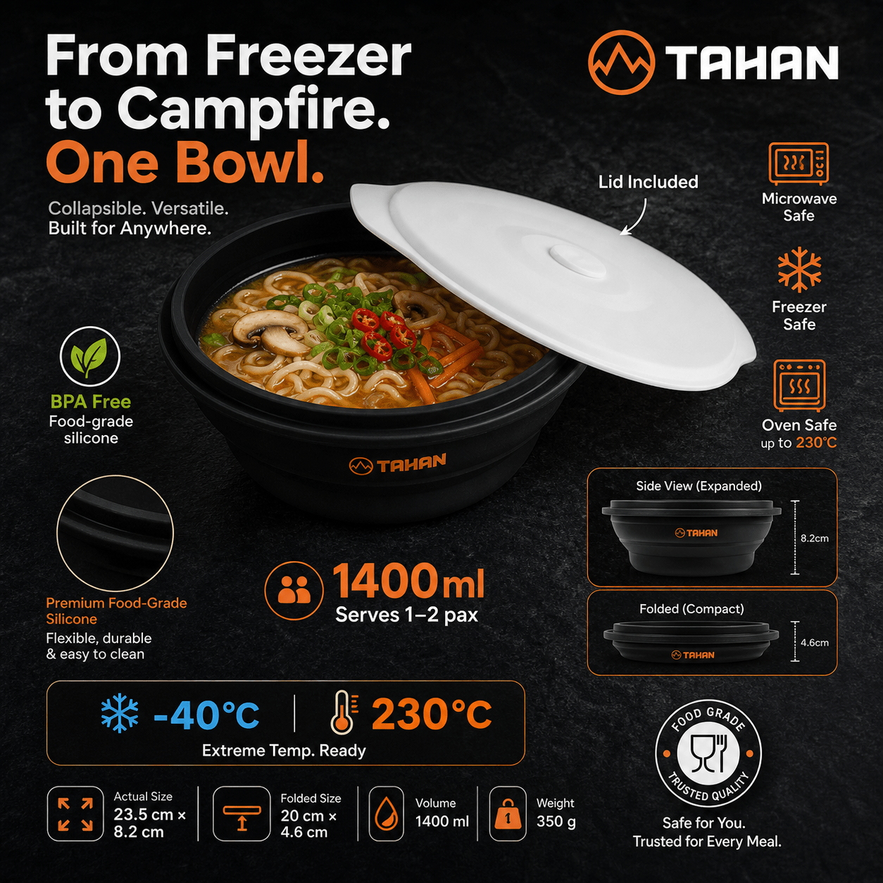 TAHAN GoCamp Collapsible Silicone Container - TAHAN Outdoor - SLCTH1400BK
