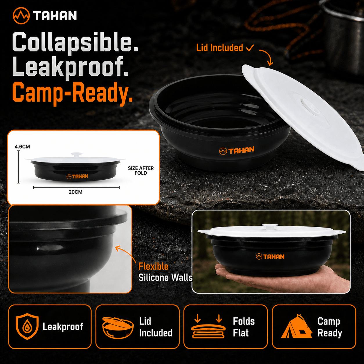 TAHAN GoCamp Collapsible Silicone Container - TAHAN Outdoor - SLCTH1400BK