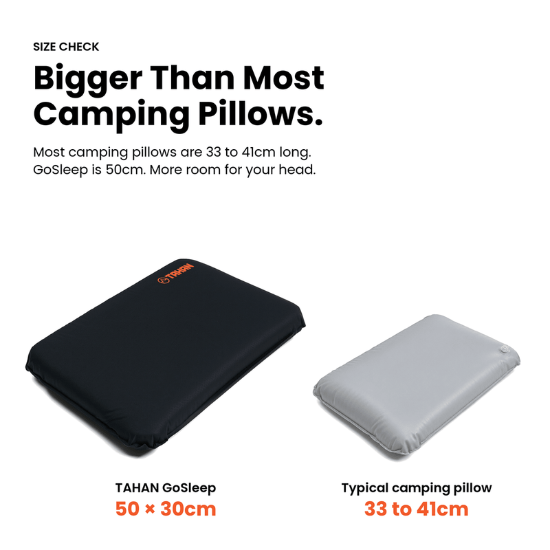 Size comparison: TAHAN GoSleep pillow at 50 x 30cm next to a typical 33 to 41cm camping pillow