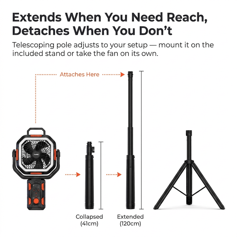 TAHAN Typhoon Pro telescoping pole collapsed at 41cm and extended to 120cm with tripod stand