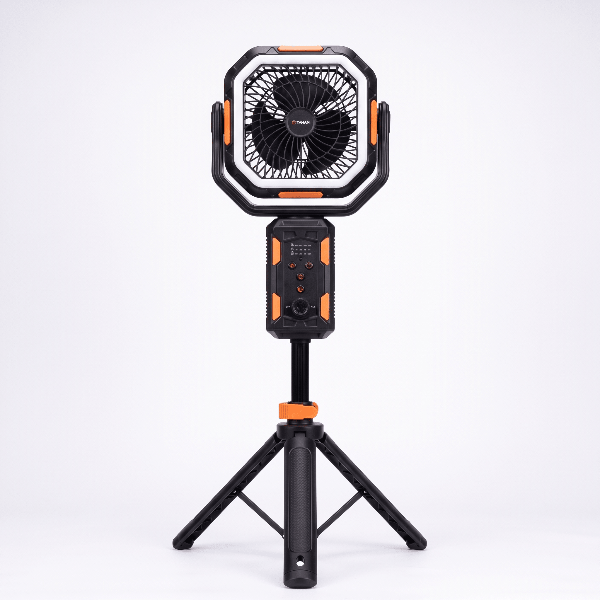 TAHAN Typhoon Pro camping fan with LED light ring mounted on its tripod stand, front view