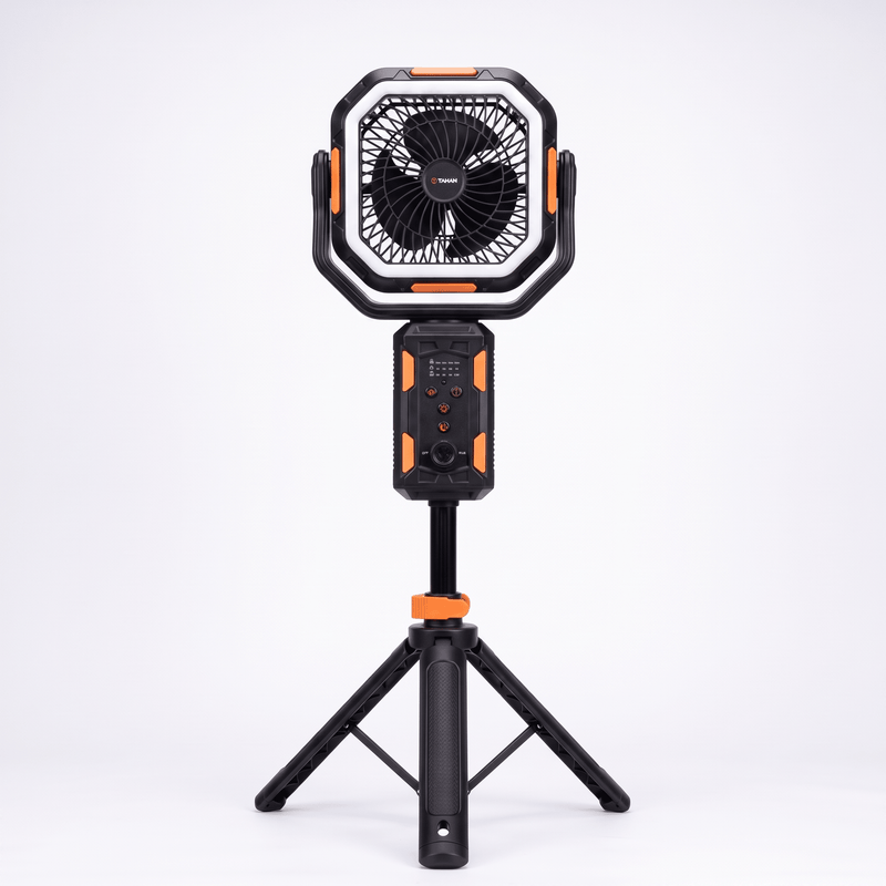 TAHAN Typhoon Pro camping fan with LED light ring mounted on its tripod stand, front view