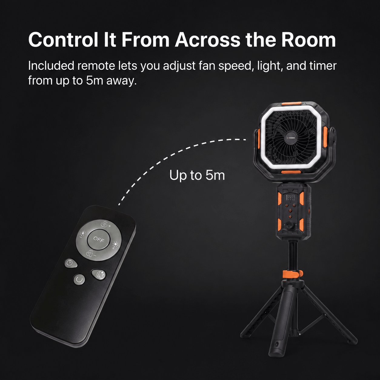 Included remote controls the TAHAN Typhoon Pro fan speed, light and timer from up to 5m away