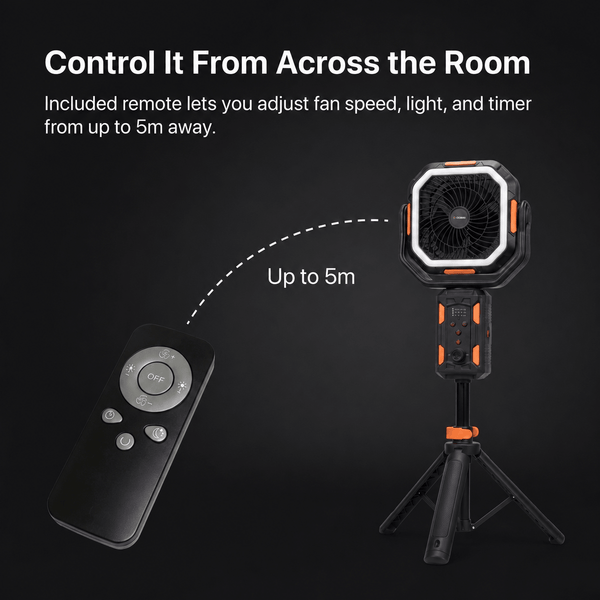 Included remote controls the TAHAN Typhoon Pro fan speed, light and timer from up to 5m away