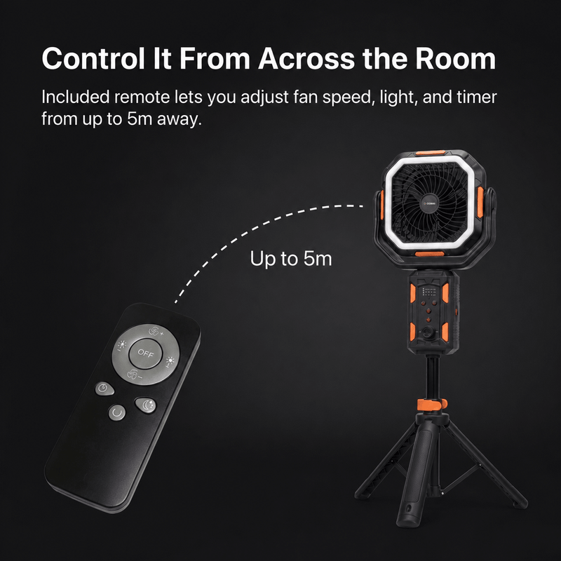 Included remote controls the TAHAN Typhoon Pro fan speed, light and timer from up to 5m away