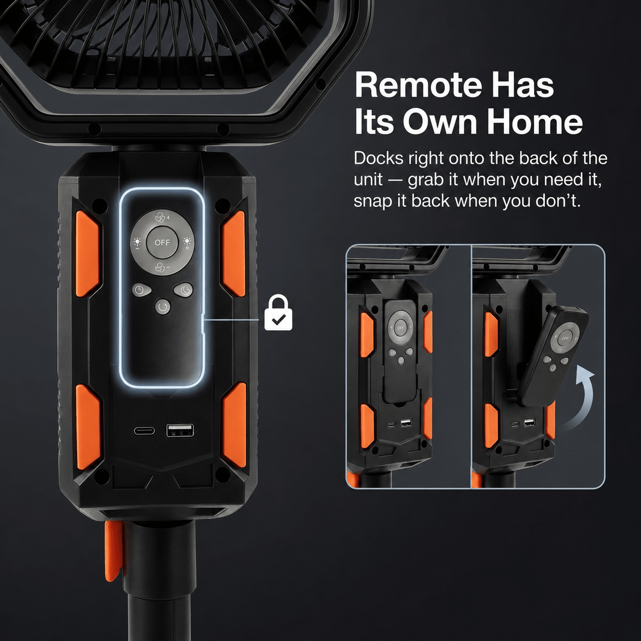 Remote control docked onto the back of the TAHAN Typhoon Pro camping fan