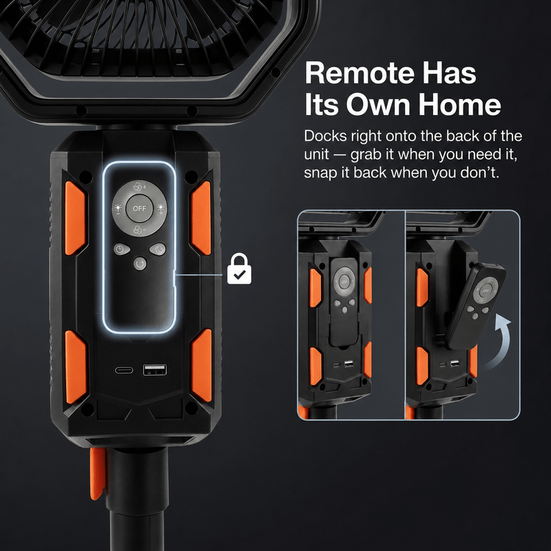 Remote control docked onto the back of the TAHAN Typhoon Pro camping fan