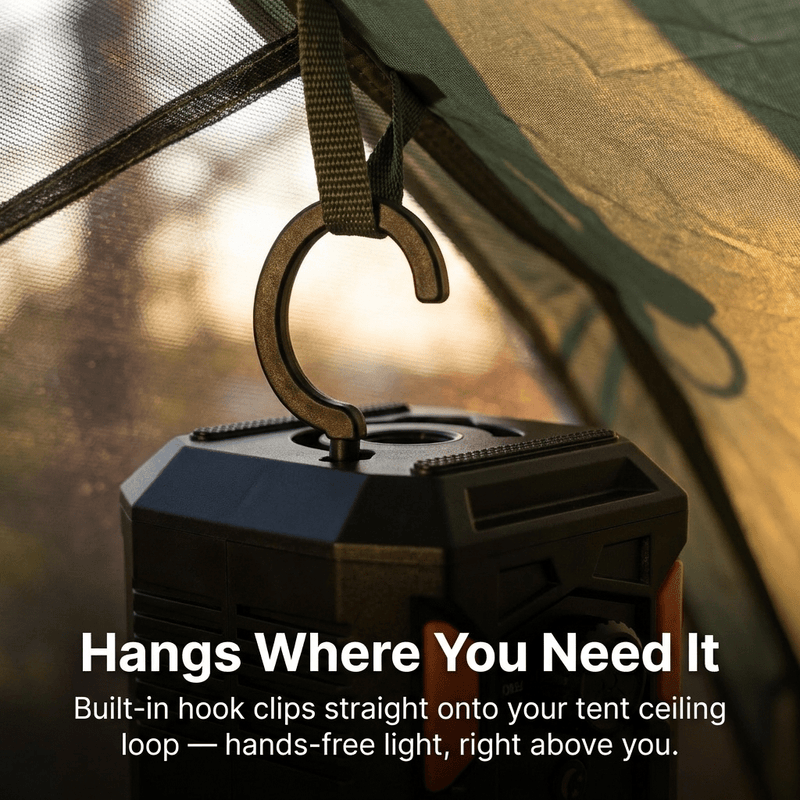 Built-in hook hanging the TAHAN Typhoon Pro from a tent ceiling loop