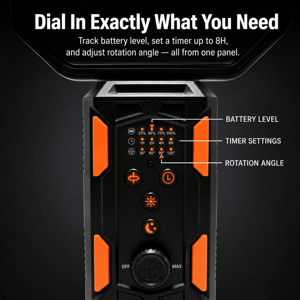 TAHAN Typhoon Pro control panel with battery level, 1H-8H timer settings and rotation angle indicators