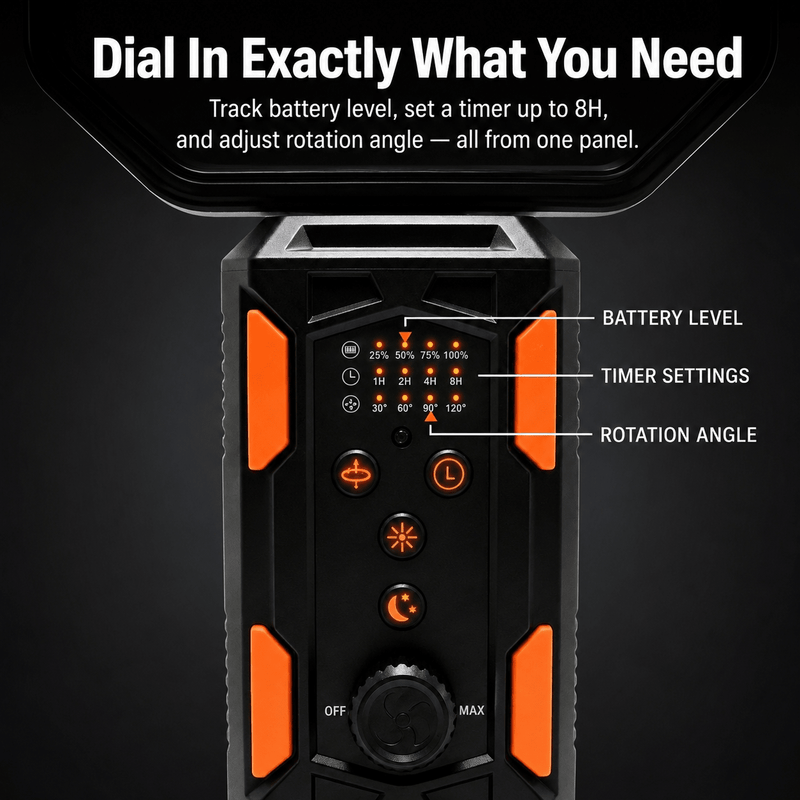 TAHAN Typhoon Pro control panel with battery level, 1H-8H timer settings and rotation angle indicators